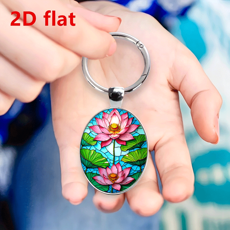 Zen-Inspired Blooming Pink Lotus & Faux Emerald Keychain